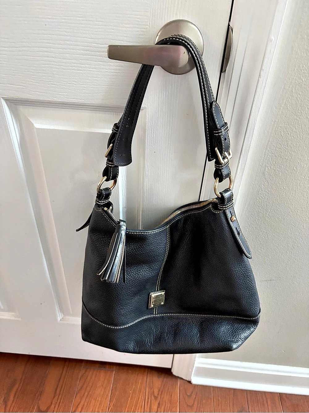 Dooney & Bourke Pebble Leather Tassel Hobo Bag Black